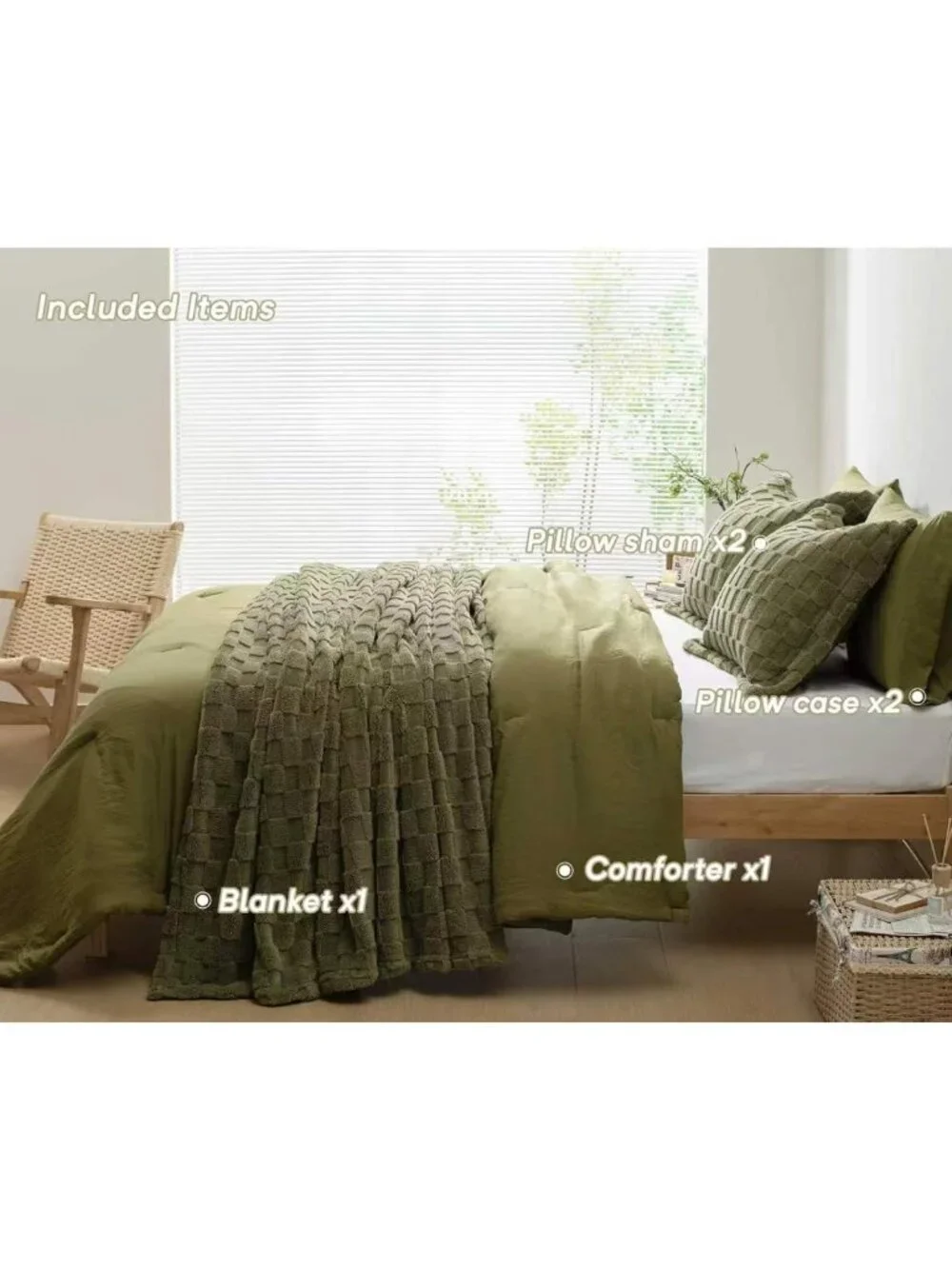 Cozy 4pc King Comforter Set with Detachable Fluffy Blanket in Olive Green